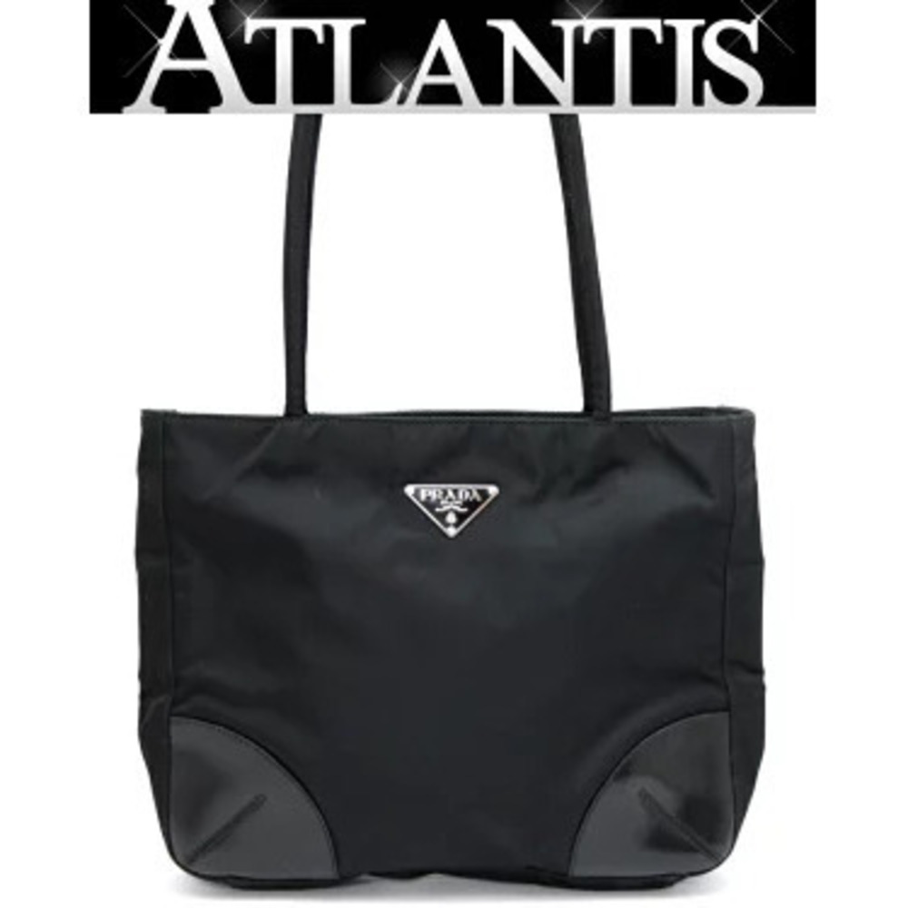 Prada Triangle Logo Zippered Tote Bag Leather Black